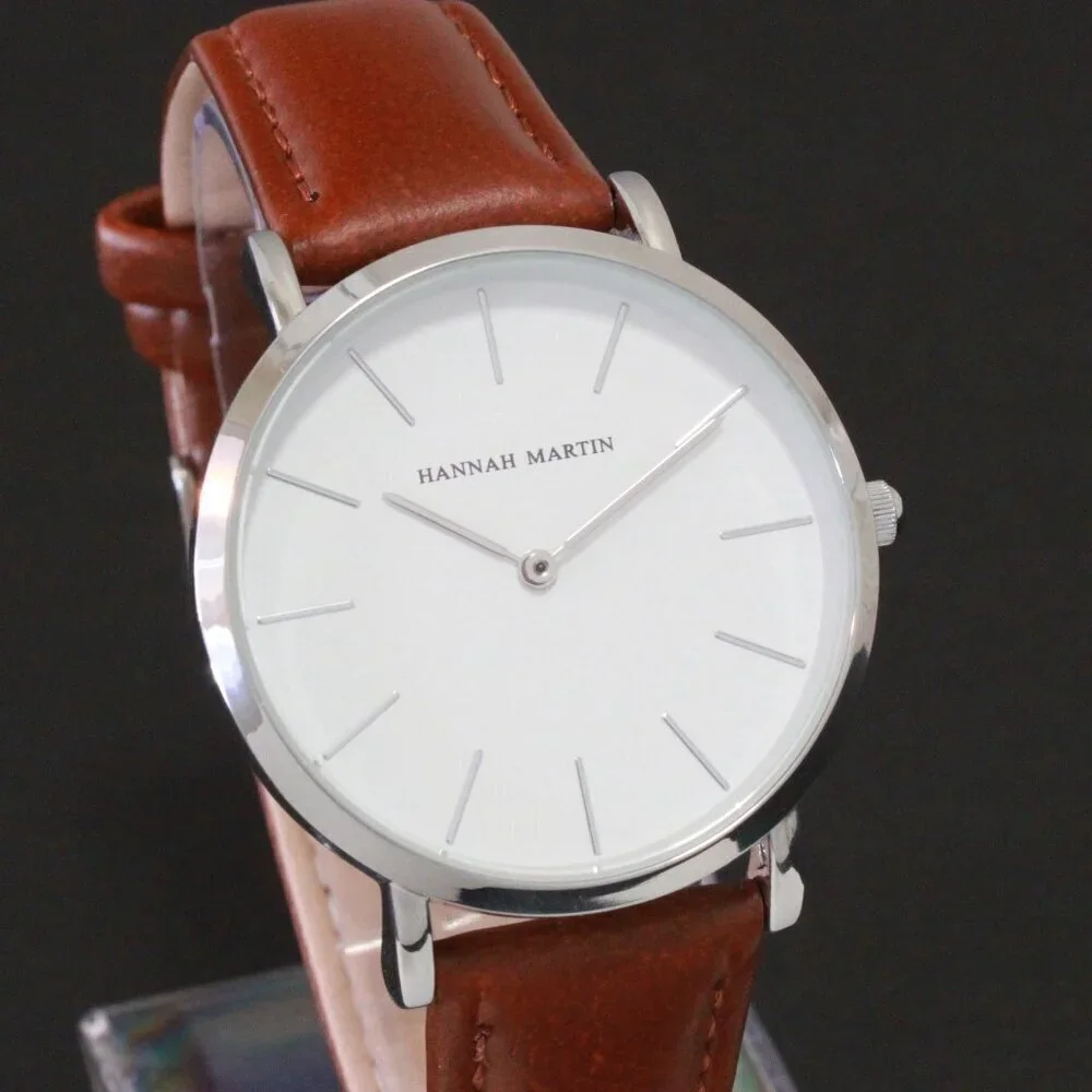 Men's Classic Minimalist 2 Hand Quartz Watch Raised Indices Brown Strap 36mm